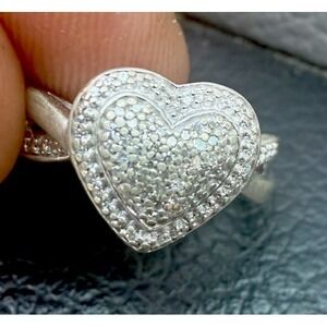 Sterling Silver 925 Heart Ring w/ Real Diamond Accents Size 6 – Pave Sett I2-I3